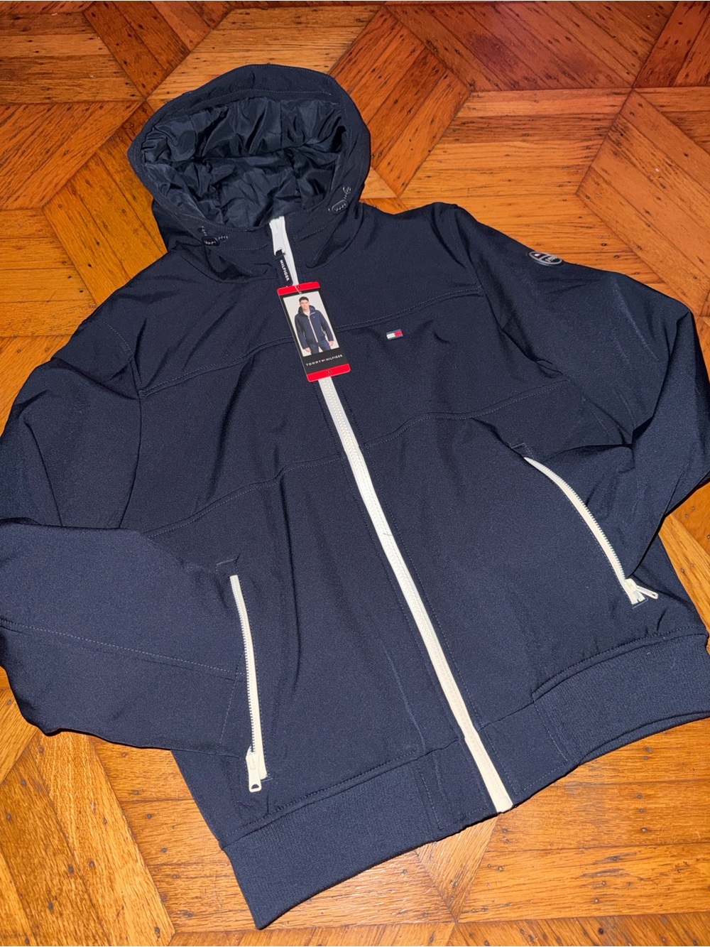 Tommy Hilfiger Navy Hooded Rain Jacket with White Zippers